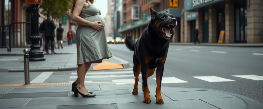 Memory before birth - A pregnant woman stands on a city street, stepping back fearfully from a large black dog that is growling and barking loudly.