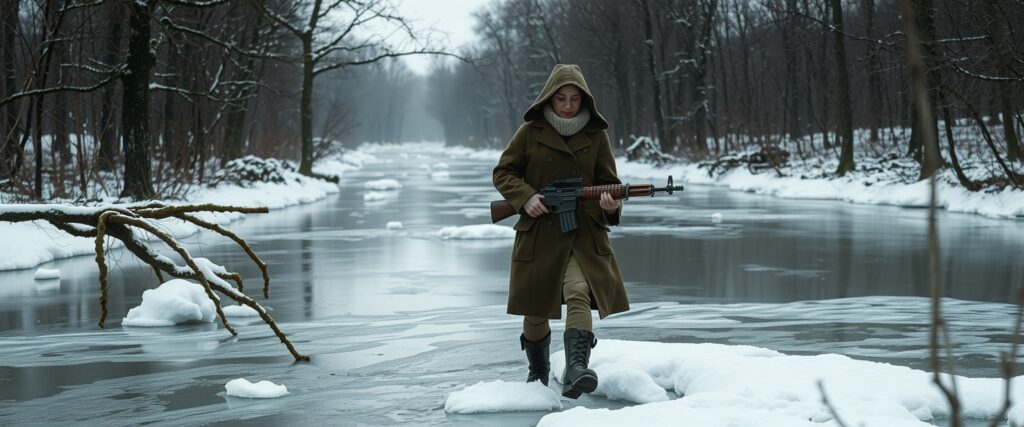 Reincarnation memory — WWII female partisan in icy river, Bryansk region.