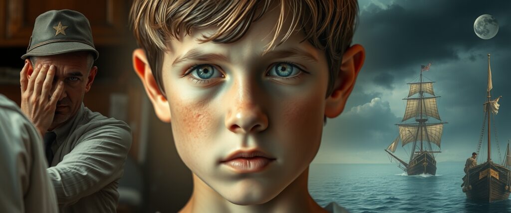 Boy with a thoughtful gaze, surrounded by vivid reincarnation memories of past lives: a leatherworker in France, a soldier on the battlefield, a cook’s assistant on a sailing ship, and an ancient extraterrestrial civilization called Zentaron. Around him shine auras, elemental magic, manna energy, visions of wars, and sea voyages.