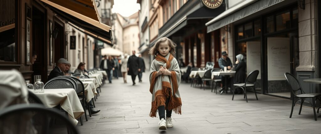 Reincarnation memory: six-year-old girl living in Zurich, wrapping in grandmother's gray woolen shawl, go out to the nearby street full of cafés.