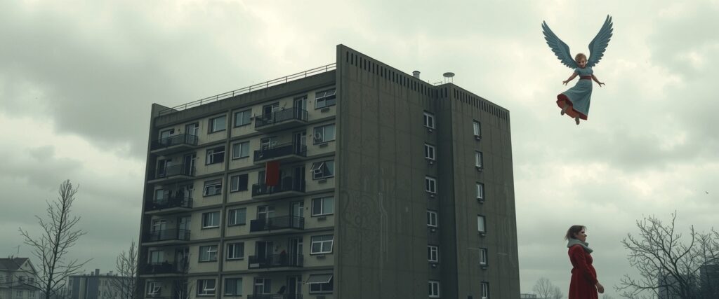 Reincarnation memory before birth — soul searching for its place above a tall gray dormitory, pregnant woman by a window.