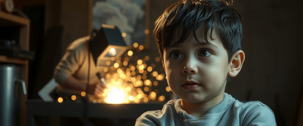 Reincarnation memory — a thoughtful four-year-old boy in the foreground, while behind him in faded colors appears a past life scene of a welder at work, with bright welding sparks standing out against the muted background.