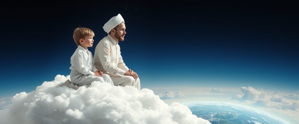 A little boy and a man dressed in white sitting on a cloud, looking down at Earth, symbolizing a next life choice.