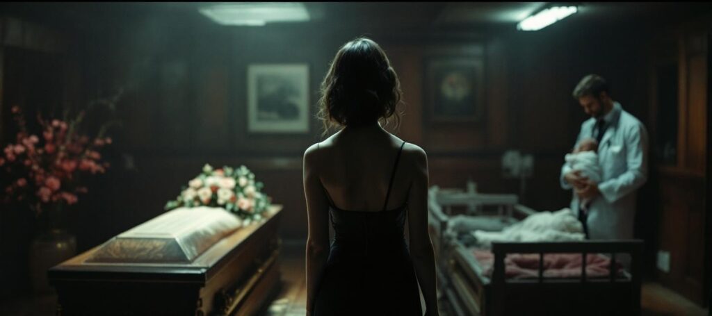 A woman symbolically depicted between the scene of a funeral and the moment of birth in a maternity hospital, reflecting memories of death and birth in a past life.