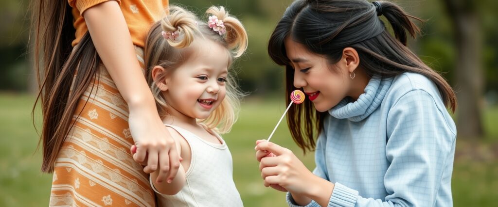 A little girl holds her mother's hand and receives a lollipop from another woman. The girl remembers that before she was born, she wanted to choose another mother.