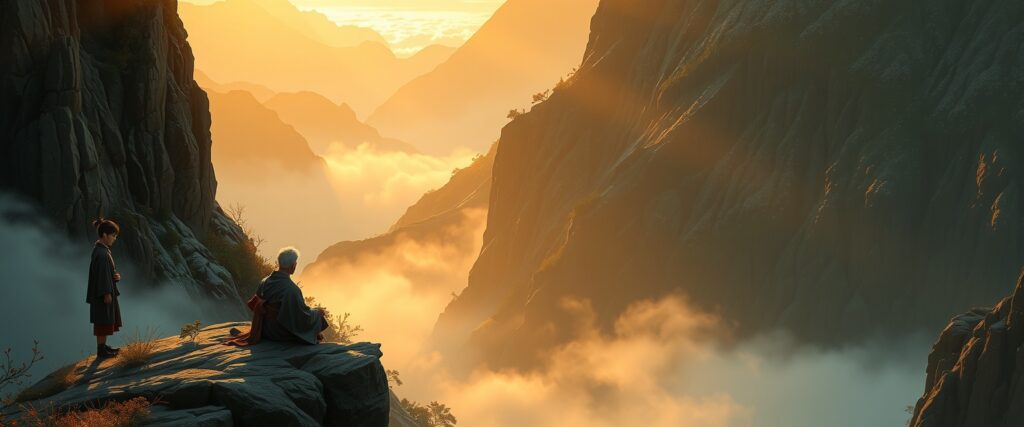 Reincarnation memories: A serene mountain landscape with steep cliffs above a deep valley bathed in soft golden light. An old, white-haired Japanese man in a kimono sits quietly on a rock at the cliff's edge, speaking softly to a thoughtful boy beside him. Both are surrounded by mist and a gentle spiritual glow.

