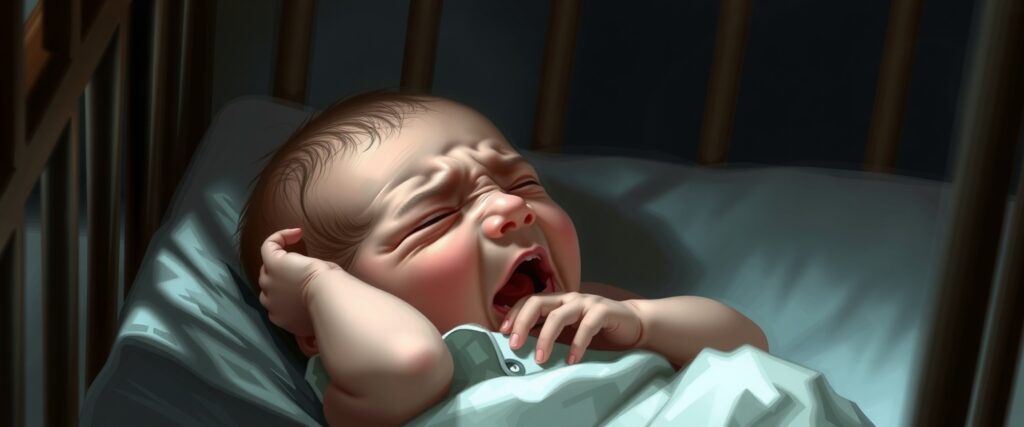 Reincarnation memory — crying newborn in crib after traumatic birth.
