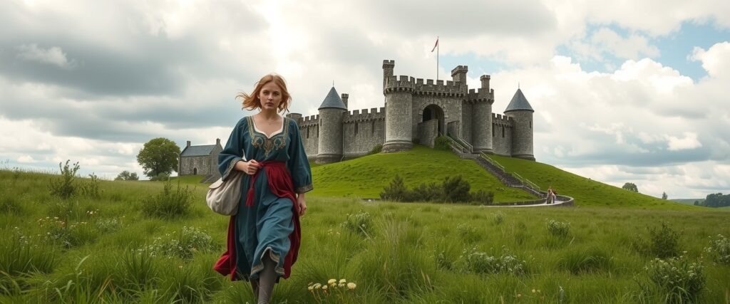 Reincarnation memory — Medieval Northern Europe, 13th–14th century — young noblewoman in embroidered dress walking through green meadow near small gray stone castle under cloudy sky.