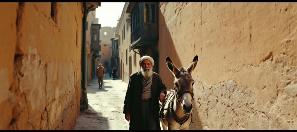 A narrow street in Samarkand, an old man with a donkey, and sand-colored walls under a scorching sun.