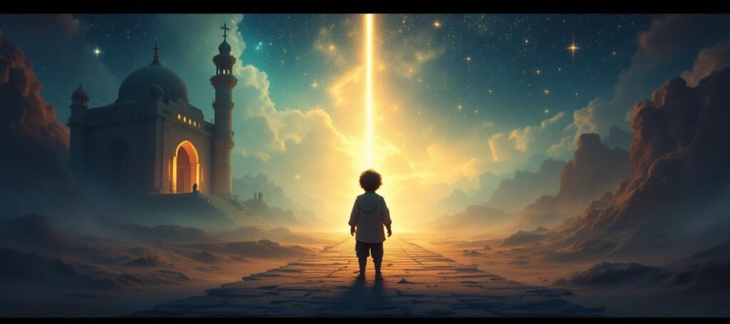 A child standing between past and present life - memories of temples and graves, dissolving in light and stars, personifying reincarnation.