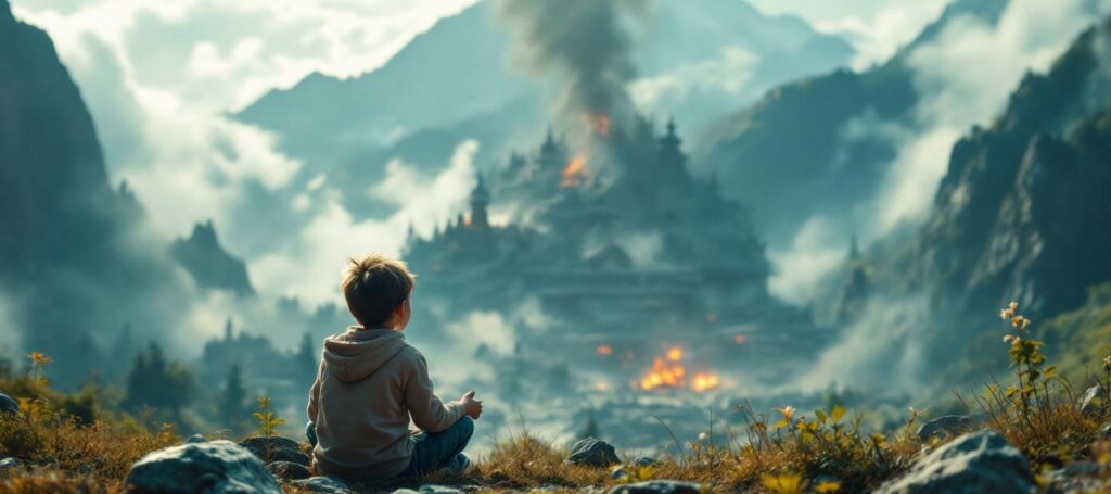 A child recalling a past life as a monk in a mountain temple, with a vision of the temple being destroyed during an invasion.